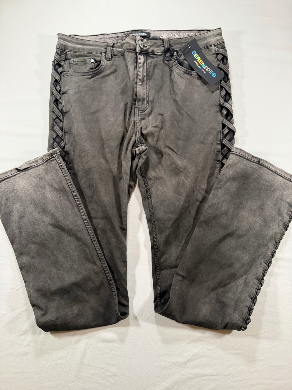 Serenede Stacked Fit Braided Accent Gray Denim Jeans for Men 38x34